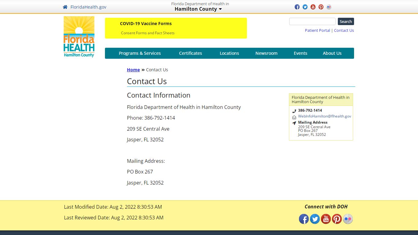 Contact Us | Florida Department of Health in Hamilton